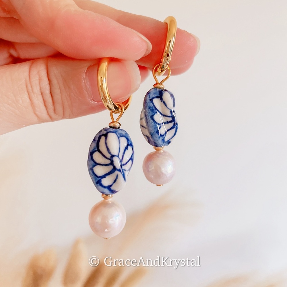 Porcelain hoop earrings with natural pearls